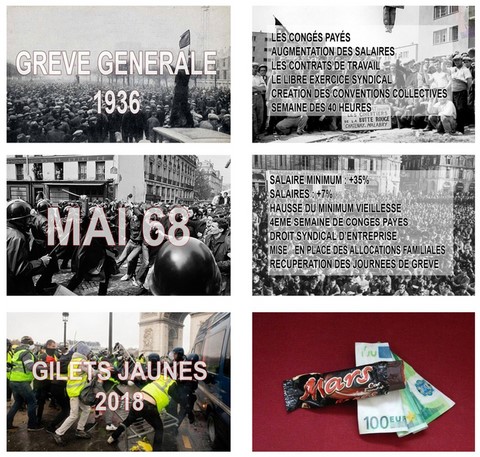 Comparatif des acquis sociaux de 1936, de 1968 et des gilets jaunes. Image drôle sur https://www.blagues-en-stock.org
